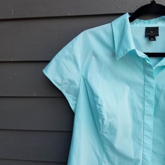 Worthington Light Blue Short Sleeve Cotton Button Down Blouse size OX - Picture 5 of 7